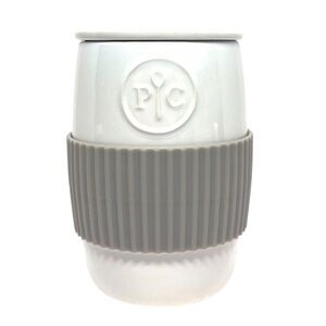 Pampered Chef Microwave Egg Cooker White Ceramic Mug with Gray Silicone Grip EUC